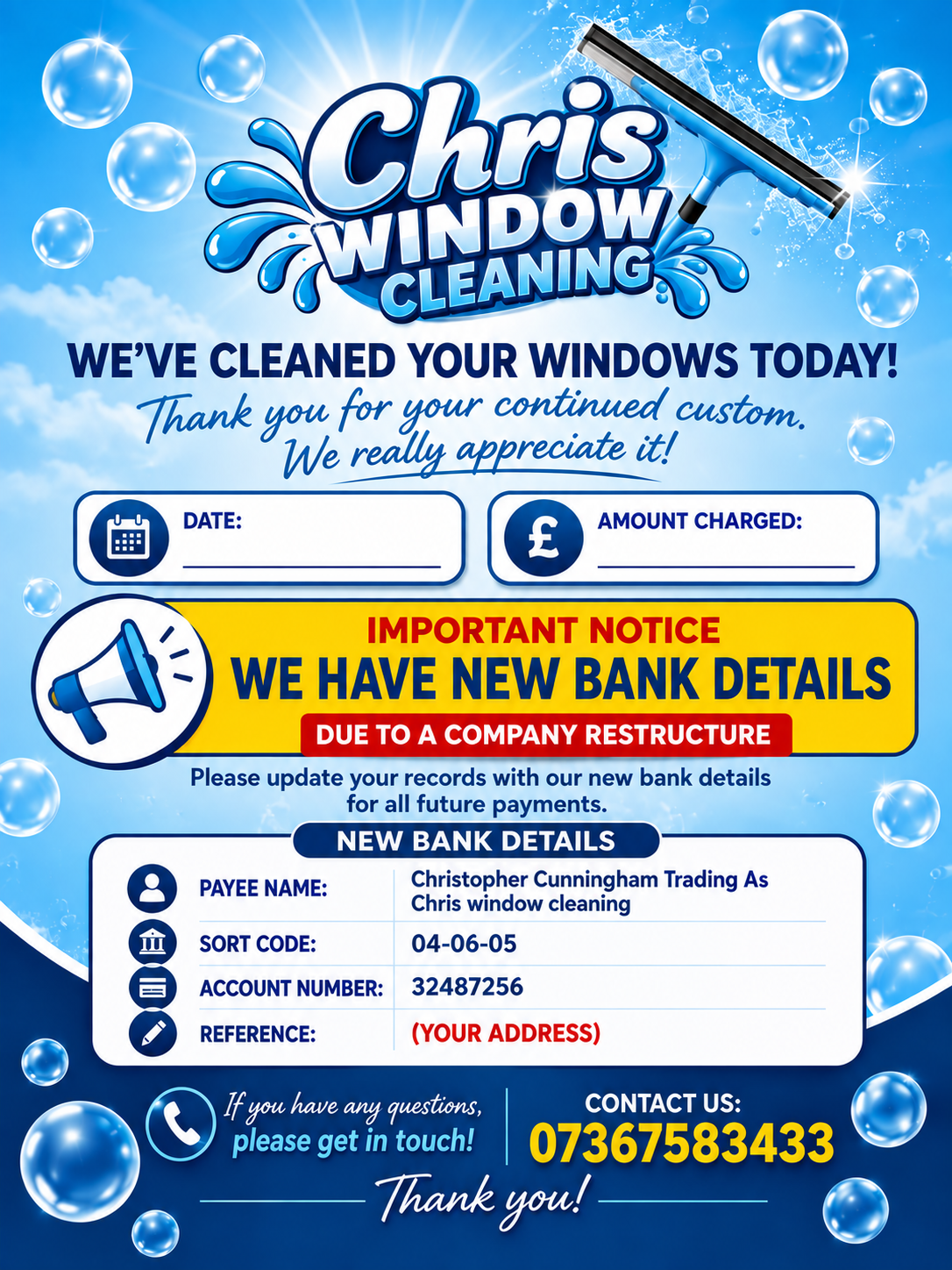 Chris Window Cleaning blue water and bubble branding